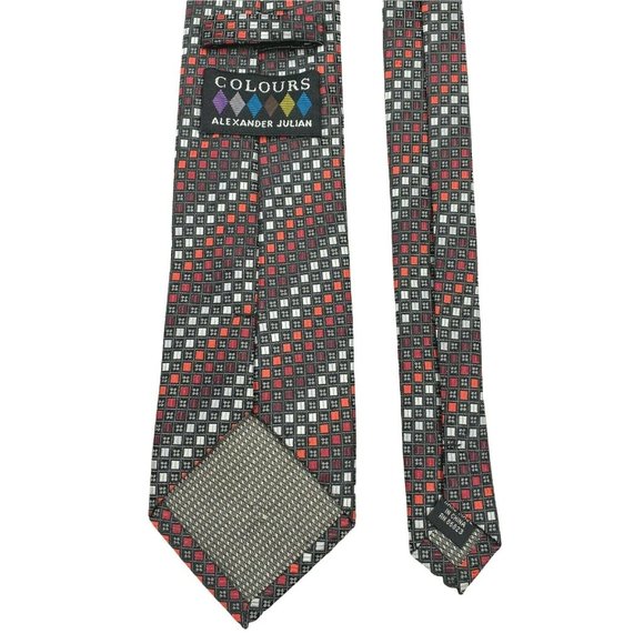 Alexander Julian Colours‎ Mens Tie Polyester Gray Red White Square Geometric - Picture 2 of 8